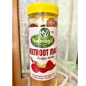 A jar of Beetroot Malt, a nutritious drink made from beetroot, packed with essential vitamins and minerals for energy and health