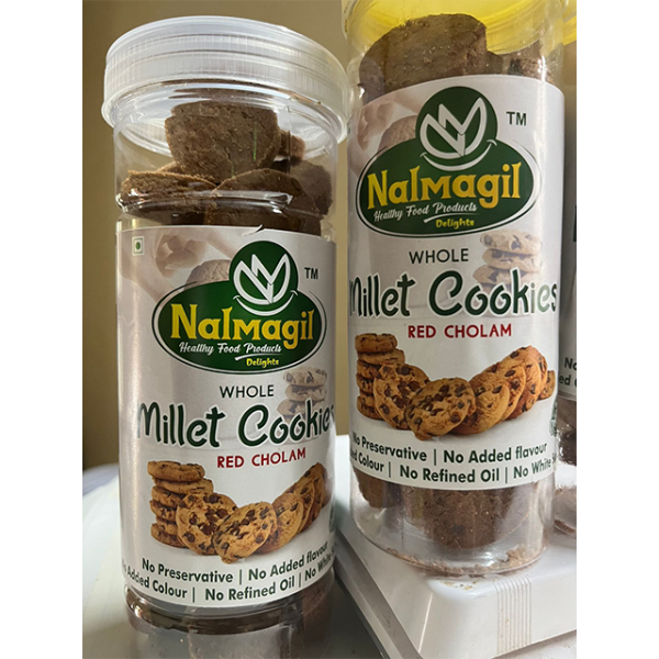 A pack of Whole Millet Red Cholam Cookies, made from wholesome red millet, offering a healthy and crunchy snack option.