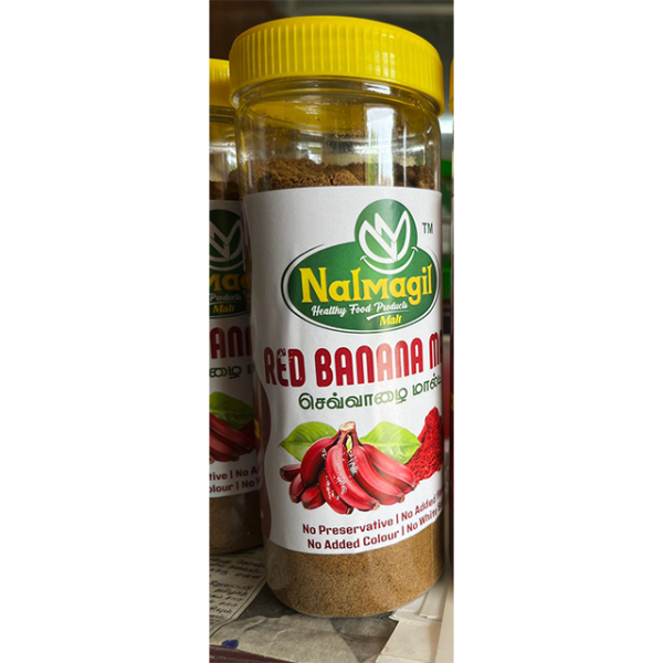 A jar of Red Banana Malt, a nutritious health drink made from natural red bananas, providing energy and essential nutrients for a balanced diet.